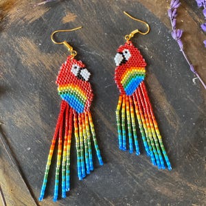 Colorful Parrot Beaded Earrings – Handmade Miyuki Fringe Earrings, Tropical Bird Jewelry, Boho Festival Earrings, Rainbow Statement Gift