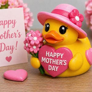 Puede incluir: Una figura de pato amarillo con un sombrero rosa con una flor, sosteniendo un ramo de flores rosas y un corazón rosa con el texto "Happy Mother's Day". También hay un corazón rosa y una tarjeta con "Happy Mother's Day".