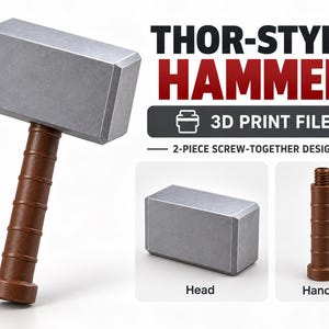 Puede incluir: Un archivo de impresión 3D de un martillo estilo Thor con un diseño de dos piezas que se enroscan. El martillo tiene una cabeza rectangular plateada y un mango cilíndrico marrón. La imagen muestra el martillo ensamblado, la cabeza y el mango.