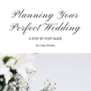 K&ouml;nnte beinhalten: Nahaufnahme von wei&szlig;en Schleierkrautbl&uuml;ten mit zwei silbernen Eheringen. Der Text "Planning Your Perfect Wedding" befindet sich oben im Bild. Der Text "A Step By Step Guide" befindet sich unter dem Titel. Der Text "By Colby Binkley" befindet sich unter dem Untertitel. Der Text "@vividvisionsbycolby" befindet sich unten im Bild.