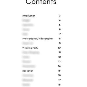 K&ouml;nnte beinhalten: Ein Inhaltsverzeichnis f&uuml;r einen Hochzeitsfoto-Leitfaden mit Themen wie Einleitung, Fotograf/Videograf, Hochzeitsgesellschaft, Empfang und mehr.