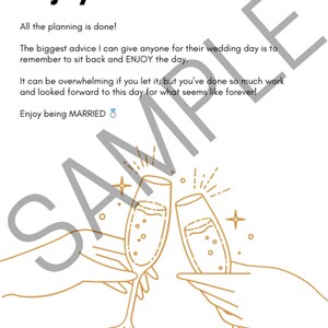 K&ouml;nnte beinhalten: Eine digitale Illustration von zwei H&auml;nden, die Champagnergl&auml;ser halten, mit dem Text "Enjoy!" und "All the planning is done!" &uuml;ber dem Bild. Der Text unter dem Bild lautet "The biggest advice I can give anyone for their wedding day is to remember to sit back and ENJOY the day. It can be overwhelming if you let it, but you've done so much work and looked forward to this day for what seems like forever! Enjoy being MARRIED."