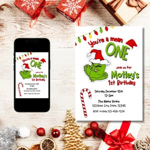 You're a mean ONE - Grinch Party Invitation Template - First birthday party invitation