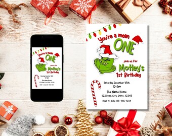 Du bist gemein - Grinch Party Einladung Vorlage - Einladung zur ersten Geburtstagsparty