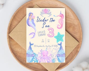 Unter dem Meer - Mermaid Theme Einladungsvorlage zum 3.Geburtstag - Geburtstagsparty einladen - 3.Geburtstag