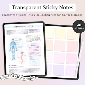 May include: A digital planner screen displaying a set of 48 transparent sticky notes in various shades of pink and yellow. The notes are arranged in a grid pattern. The screen also shows a diagram of the human nervous system with the text "Human Nervous System" and "Square & Circle Notes".