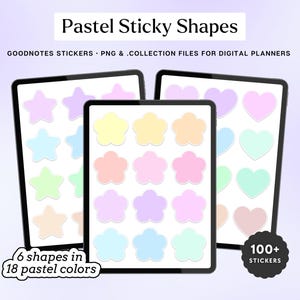 Puede incluir: Un conjunto de pegatinas para planificadores digitales con 6 formas pastel en 18 colores diferentes. Las formas incluyen estrellas, corazones y flores. El texto "Pastel Sticky Shapes" y "Goodnotes Stickers - PNG & .Collection Files for Digital Planners" está en la parte superior de la imagen. El texto "100+ Stickers" está en la parte inferior derecha de la imagen. El texto "6 shapes in 18 pastel colors" está en la parte inferior izquierda de la imagen.