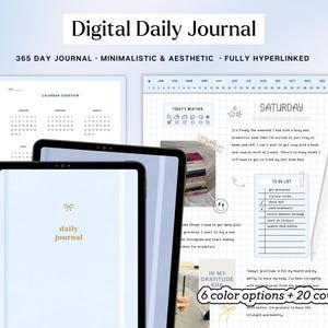 Puede incluir: Un diario digital diario con un esquema de color azul y blanco. El diario incluye una descripción general del calendario, un registro diario y una lista de tareas. El texto "Digital Daily Journal" está en la parte superior de la imagen. El texto "365 Day Journal - Minimalistic & Aesthetic - Fully Hyperlinked" está debajo del título. El texto "6 opciones de color + 20 cubiertas" está en la parte inferior de la imagen.