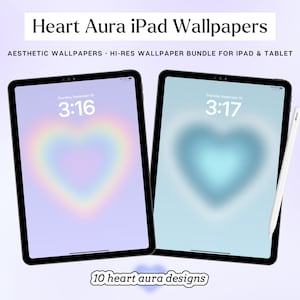 Könnte beinhalten: Zwei iPad-Bildschirme mit einem Herz-Aura-Design. Der erste Bildschirm ist helllila mit einem Regenbogenherz. Der zweite Bildschirm ist hellblau mit einem blauen Herz. Der Text auf den Bildschirmen lautet "3:16" und "3:17". Der Text "10 Herz-Aura-Designs" befindet sich unter den Bildschirmen.