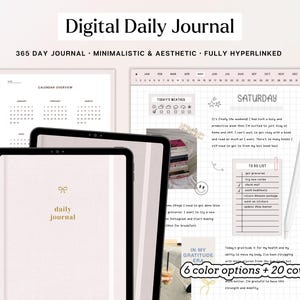 Könnte beinhalten: Digitales Tagesjournal-Template mit einem rosa-weißen Farbschema. Das Template enthält eine Kalenderübersicht, eine tägliche Journal-Seite und eine To-Do-Liste. Der Text "Digital Daily Journal" befindet sich oben im Bild. Der Text "365 Day Journal - Minimalistic & Aesthetic - Fully Hyperlinked" befindet sich unter dem Titel. Der Text "6 Farboptionen + 20 Cover" befindet sich unten im Bild.