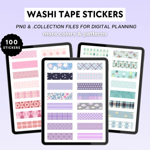 100 Digitale Washi Tape Aufkleber | Vorgeschnittene und transparente PNGs | Goodnotes Elements Aufkleber | iPad Sticker