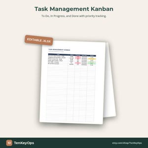 May include: A white task management Kanban template with the text "Task Management Kanban" and "To Do, In Progress, and Done with priority tracking." The template includes columns for task, client, priority, due date, and status. The file is editable in .XLSX format.