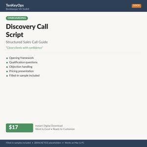 Puede incluir: Documento digital titulado "Discovery Call Script" con el subtítulo "Structured Sales Call Guide". El documento incluye secciones sobre marcos de apertura, preguntas de calificación, manejo de objeciones y presentación de precios. El documento es un archivo de Word y Excel.