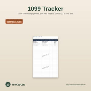May include: A digital 1099 Tracker spreadsheet template with a beige background. The text reads 1099 Tracker, Track contractor payments. See who needs a 1099-NEC at year end. EDITABLE .XLSX. A 1099-NEC SUMMARY table is shown with columns for Payee Name.