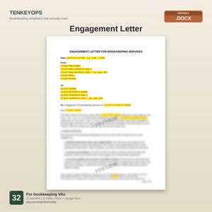 May include: An editable .DOCX engagement letter template for bookkeeping services. The document features black text on a white background with yellow highlighted placeholders for firm and client contact information, dates, and business names.