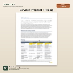 May include: A digital document template titled Services Proposal + Pricing by TENKEYOPS. The page features a section labeled A note from us, followed by a three-tier pricing table. The document is in .DOCX format and includes editable fields.