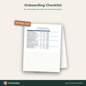 May include: A white document titled "Onboarding Checklist" with the text "30+ onboarding tasks with auto-calculated progress." An orange rectangle reads "EDITABLE .XLSX." The document is on a light beige background. The bottom left corner has the number 10 and the text "TenKeyOps."
