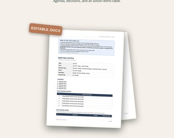 Meeting Notes Template | Agenda, Decisions + Action Items | Editable Word