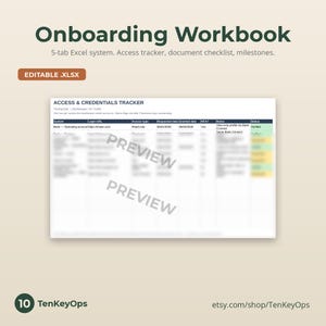 May include: An editable Excel onboarding workbook with a 5-tab system including an access tracker, document checklist, and milestones. The document features a table titled Access & Credentials Tracker with columns for system, login URL, and status.