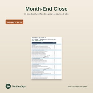 May include: A digital Month-End Close checklist template in an editable .xlsx format. The document features a 36-step workflow, a live progress counter, and three distinct tabs. The layout includes sections for task tracking and client details.