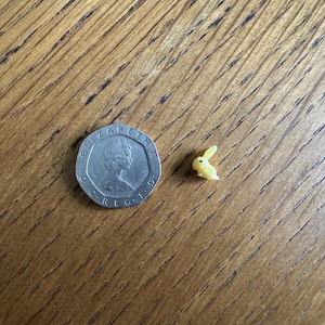 May include: A silver British one pound coin with the inscription "ELIZABETH II D.G. REG. F.D." and a yellow plastic rabbit figurine.