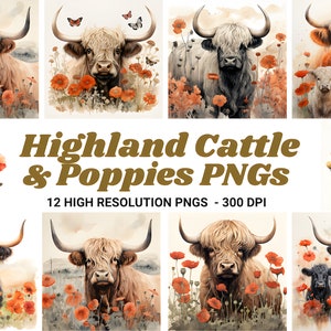 Aquarelle rétro belle vache Highland et coquelicots Digital ClipArt PNG - téléchargement numérique