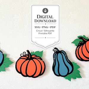 May include: A digital download banner featuring four pumpkin illustrations in blue and orange with green leaves. The text reads: DIGITAL DOWNLOAD, SVG, PNG, PDF, Cricut, Silhouette, Printable PDF. The pumpkins are arranged in a horizontal line.