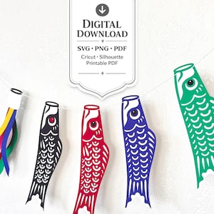 Japanese Koi Fish Banner SVG – Koinobori Children’s Day Flying Carp Decor / Asian Festival or Birthday Garland / Cricut Silhouette Cut File