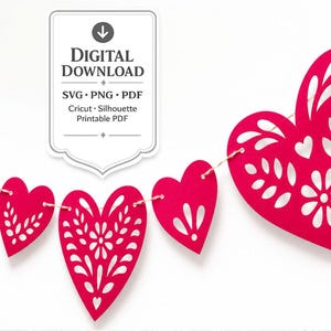 Lace Hearts SVG Banner - Papel Picado Wedding Valentines Garland Decor / DIY Digital Die Cut Machine Files / Cricut and Silhouette Template