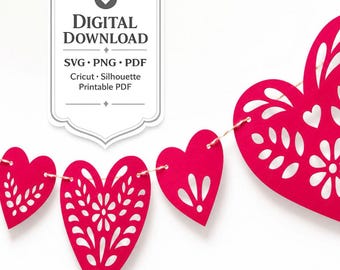 May include: A garland of six bright pink heart-shaped cutouts featuring intricate floral and leaf patterns, strung together on a thin cord. A central label displays the text DIGITAL DOWNLOAD, SVG, PNG, PDF, Cricut, Silhouette, Printable PDF.