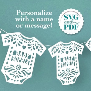 Decorazioni per baby shower con nome personalizzato in formato SVG - Banner, topper e centrotavola in carta Picado / File di taglio digitale personalizzato per Cricut e Silhouette