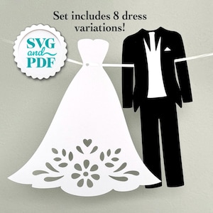 Guirlande de mariés SVG | Papel Picado Wedding Party Bridal Shower Dress & Tux / Fichiers vectoriels numérique Cricut et Silhouette modèle bricolage