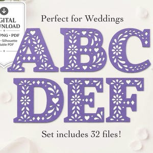 May include: A digital download set featuring purple letters A through F with intricate floral and heart cut-out patterns. The text includes "Perfect for Weddings", "DIGITAL DOWNLOAD", "SVG PNG PDF", "Cricut Silhouette Printable PDF", and "Set includes 32 files!"