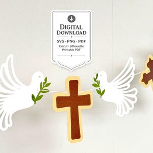 Può includere: Un banner per download digitale con colombe bianche che tengono rami d'ulivo verdi e croci marroni con contorni giallo chiaro. Il testo recita: DIGITAL DOWNLOAD, SVG, PNG, PDF, Cricut, Silhouette, Printable PDF. È una ghirlanda decorativa.