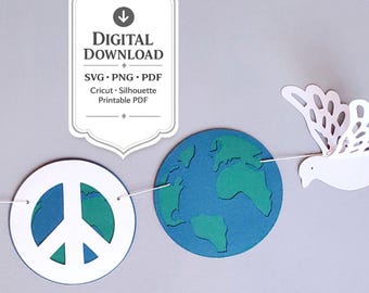 World Peace SVG Banner - Planet Earth, Doves and Peace Signs / DIY Digital Die Cut Machine Files / Cricut and Silhouette Template