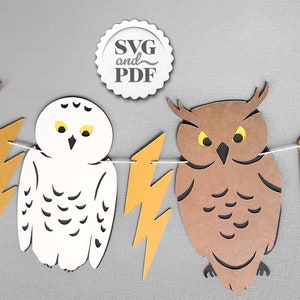 Magical Owls SVG Banner - Wizard with Lightning Bolt Inspired Decor / DIY Digital Die Cut Machine Files / Cricut and Silhouette Template