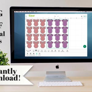 May include: A computer monitor displaying a Cricut design software interface with a grid of pink and purple baby onesie graphics. The text SVG + PDF Digital Files and Instantly Download! is visible on the left side of the screen and on a white banner.