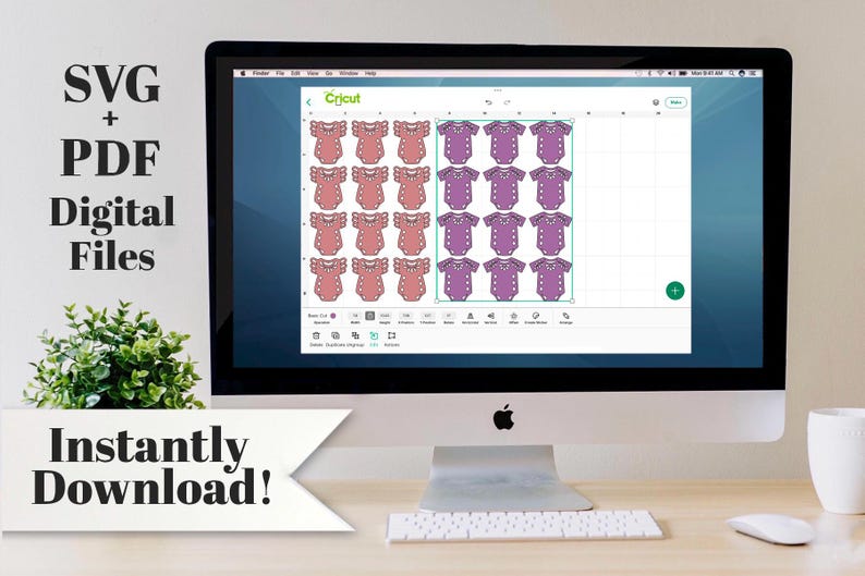 May include: A computer monitor displaying a Cricut design software interface with a grid of pink and purple baby onesie graphics. The text SVG + PDF Digital Files and Instantly Download! is visible on the left side of the screen and on a white banner.