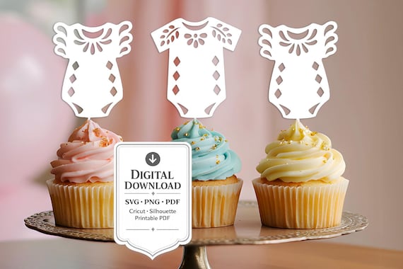 Lace Onesie Cupcake Toppers SVG / Papel Picado Baby Shower Fiesta Party Decor / DIY Cricut Silhouette Digital Cut File Templates