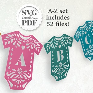 Banner SVG con alfabeto Fiesta Onesie - Bandiere per baby shower in carta Picado con nome personalizzato / Decorazioni con lettere spagnole / File di taglio fai da te per Cricut Silhouette