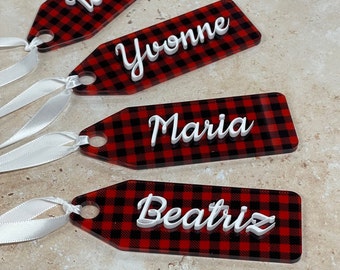 Christmas Name Tags, Stockings, Gifts, Presents, Personalized, Acrylic Name Tags, Ornaments, Special Item, Buffalo Plaid, Red, Black, White