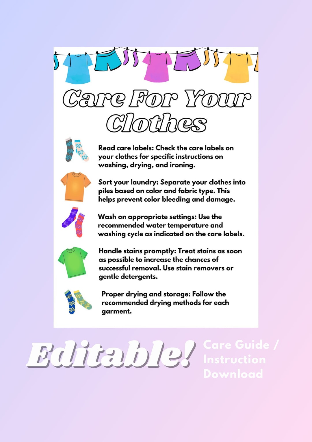 Clothing Care Guide Printable Care Guide Editable Care Etsy