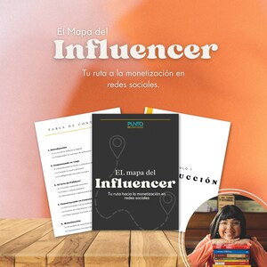 Puede incluir: Una guía en blanco y negro titulada "El Mapa del Influencer" con una tabla de contenidos y una ilustración de mapa. La guía trata sobre la monetización de las redes sociales. También se puede ver el texto "Tu ruta hacia la monetización en redes sociales".