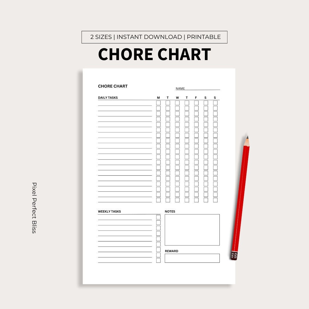 Chore Chart for 2 Kids and Adults, Household Chores Template, House ...