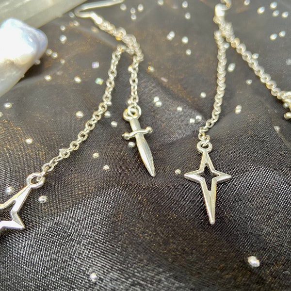 Starchaser: silver fallen star and dagger dangle chain earrings marauders