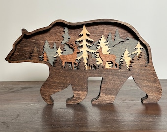 Bär Kunst Geschenk für ihn Outdoor Thema Dekor für Hauseinweihung Geschenk zum Vatertag Handwerker Holzarbeit Kunst für Hütte Dekor für Wohnzimmer rustikal
