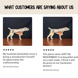 Puede incluir: Silueta de perro de madera con dise&ntilde;o de paisaje. El perro es de color canela, con una escena de paisaje en el medio. El texto "WHAT CUSTOMERS ARE SAYING ABOUT US" est&aacute; en la parte superior. Rese&ntilde;as de clientes debajo.