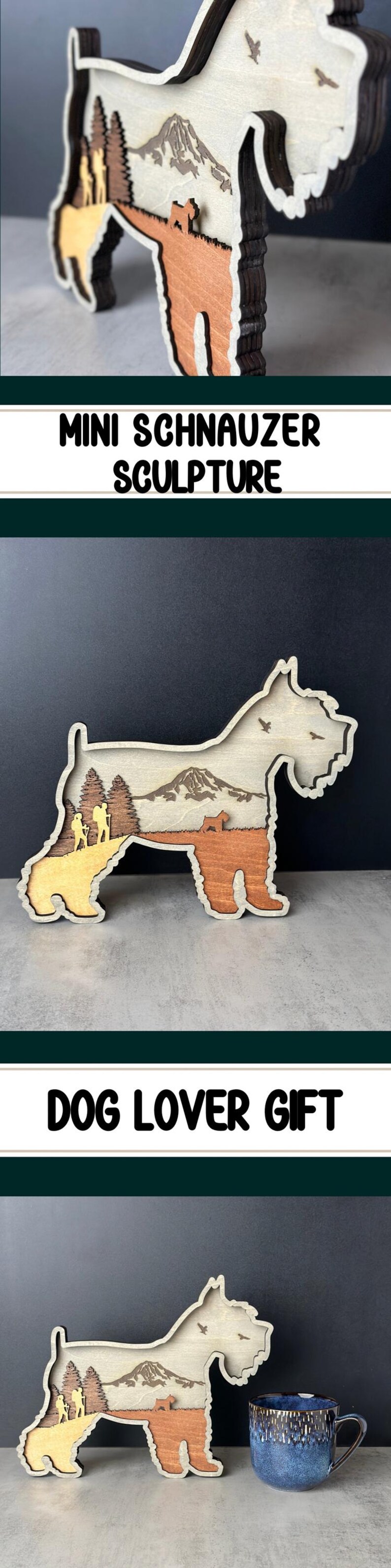 Puede incluir: Escultura de schnauzer en miniatura de madera con un dise&ntilde;o en capas. La escultura presenta una escena de monta&ntilde;a y una silueta de perro. El texto "DOG LOVER GIFT" es visible. La escultura mide unos 18 cm de largo.
