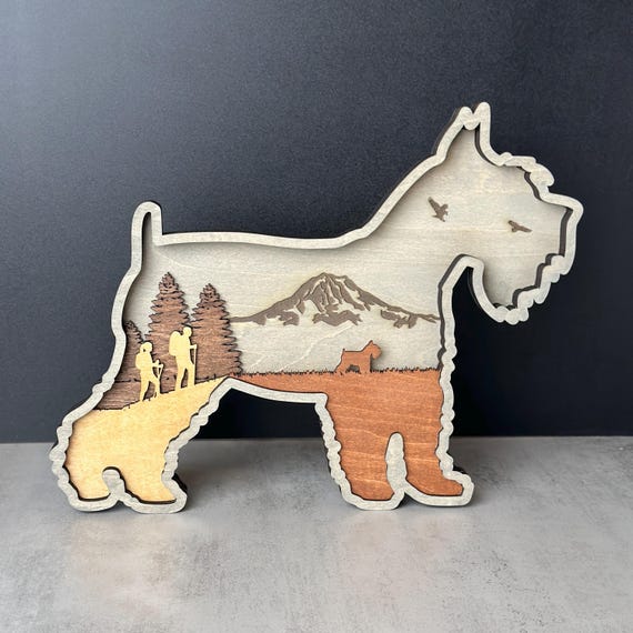 Miniature Schnauzer Layered Wood Sculpture, Hiking Dog Wall Art