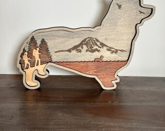 Hand-Crafted Corgi Hiking Scene Wood Sculpture – Dog Lover Memorial Art